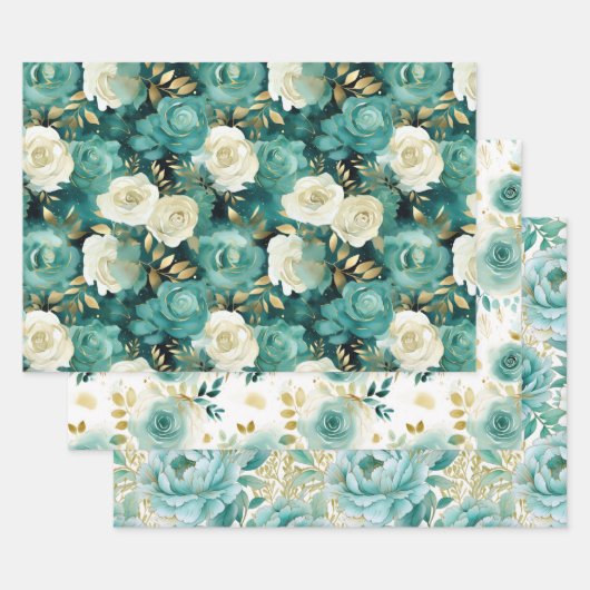 Groen Wit Goud Roos Bloemen Inpakpapier Vel (Set)