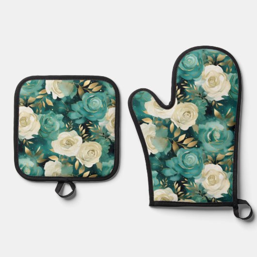Groen Wit Goud Roos Bloemen Ovenwant & Pannenlap Set (Voorkant)