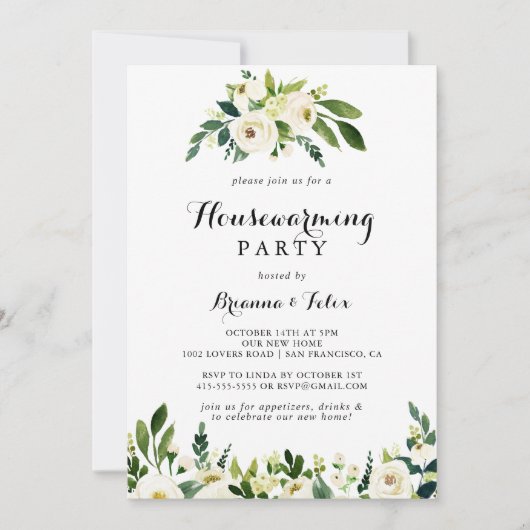 Groen Wit Herfst Bloemen Housewarming Party Kaart (Voorkant)