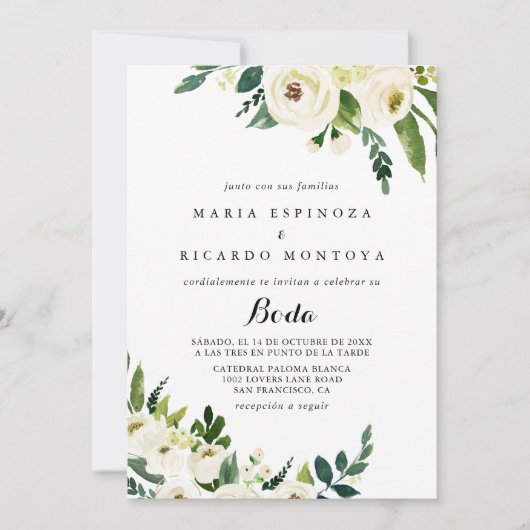 Groen Wit Herfst Bloemen Spaans Bruiloft Kaart (Voorkant)