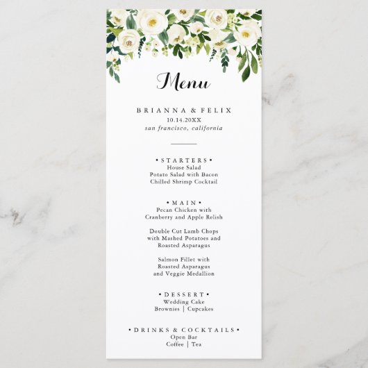 Groen Wit Herfst Bloemenkalligrafie Diner Menu (Voorkant)