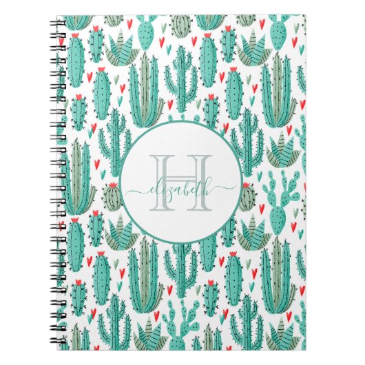 Groen wit knap patroon met witte cactus notitieboek (Voorkant)
