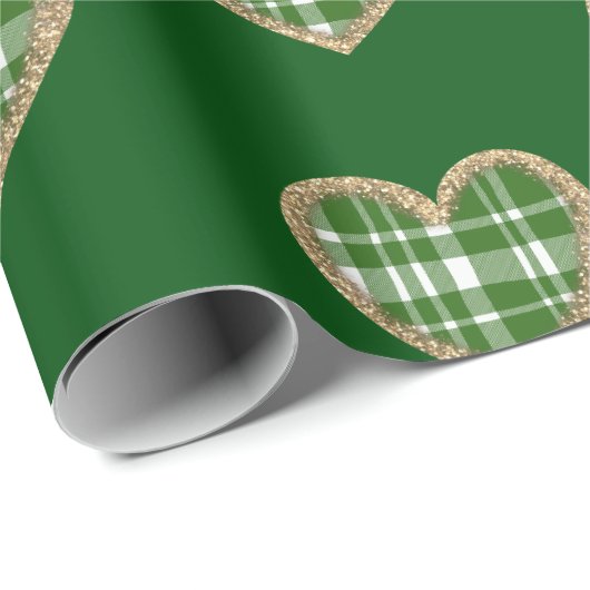 Groen Wit Plaid Goud Glitter Hart Vakantie Cadeaupapier (Rol Hoek)