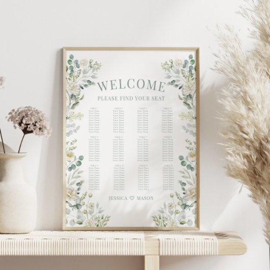 Groen Wit Rose Bloemen Bruiloft Zitkaarten Poster