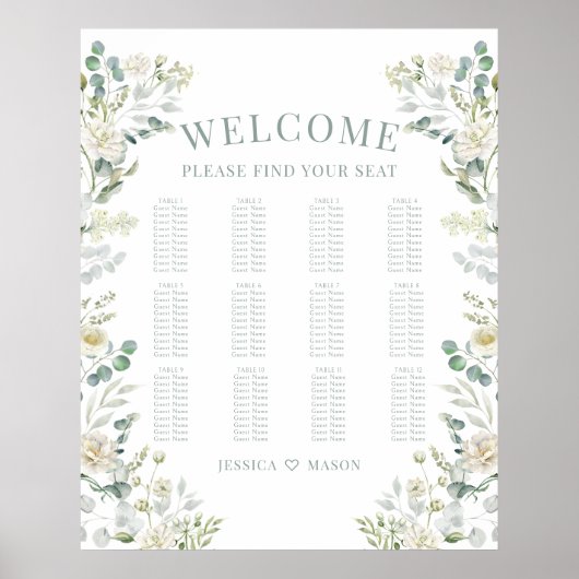 Groen Wit Rose Bloemen Bruiloft Zitkaarten Poster (Voorkant)