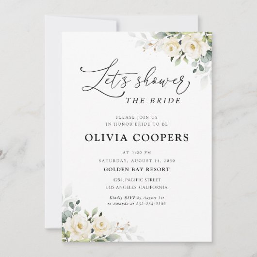 Groen Wit Rozen Bruids Douche Uitnodiging (Voorkant)
