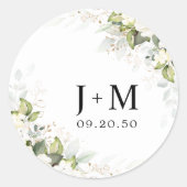 Groen Wit Rozen Bruiloft Classic Ronde Sticker (Voorkant)