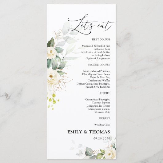 Groen Wit Rozen Bruiloft Menu (Voorkant)