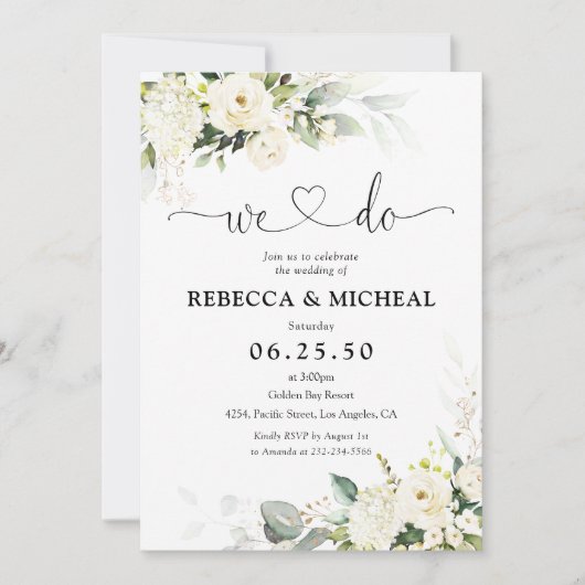 groen wit rozen bruiloft uitnodiging (Voorkant)