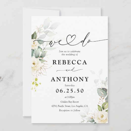 groen wit rozen bruiloft uitnodiging (Voorkant)