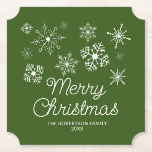 Groen Wit Sneeuwvlokken Kerstfeest Kartonnen Onderzetters