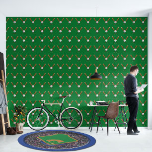 Groen Wit & Tan Baseball Bats Crossing met Ball Behang