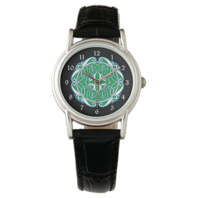 Groen Wit Zwart Keltisch Kruis Horloge (Voorkant)