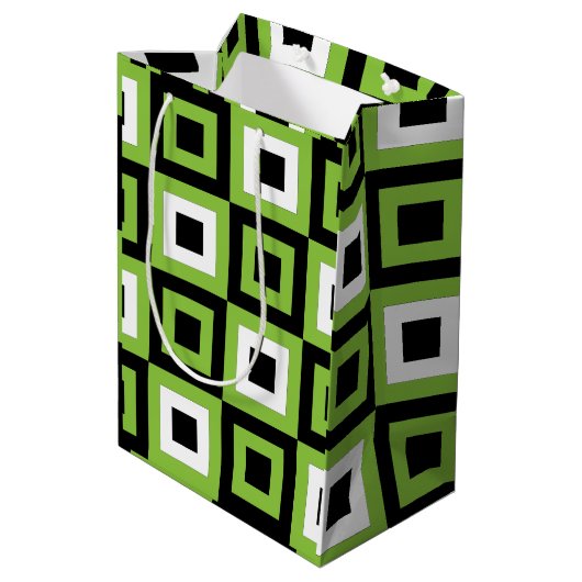 Groen Wit Zwart Vierkantjes Geometrisch Medium Cadeauzakje (Achterkant Gekanteld)