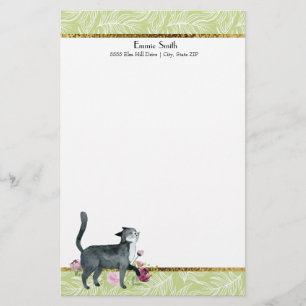 Groen Witte Bladeren en Goud Grijze Kat Briefpapie Briefpapier