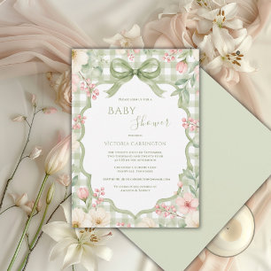 Groen Witte Gingham Bloemige Whimsische Baby Showe Kaart