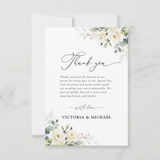 Groen Witte Rozen Bruiloft Flat Dank u Kaart (Voorkant)