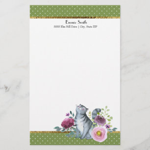 Groen Witte Stippen Goud Grijs Kat Bloemen Briefpapier