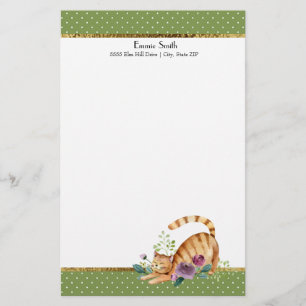 Groen Witte Stippen Gouden Tijgerkat Stationery Briefpapier
