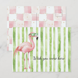 Groen Witte Strepen Roze Flamingo Strand   Briefkaart