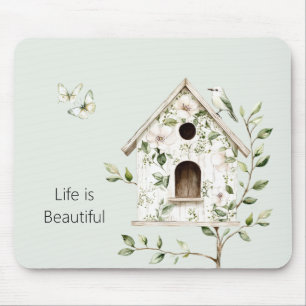 Groen Witte Vogel Huis Bladeren Bloemen Vlinders Muismat