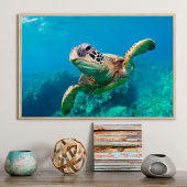 Groen Zee schildpad zwemt over koraalrif |Hawaii Poster