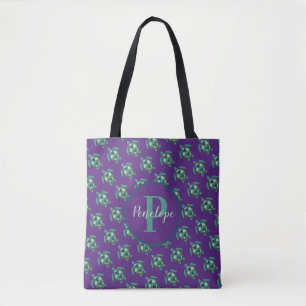 Groen Zee schildpadpatroon op Paars met monogram Draagtas