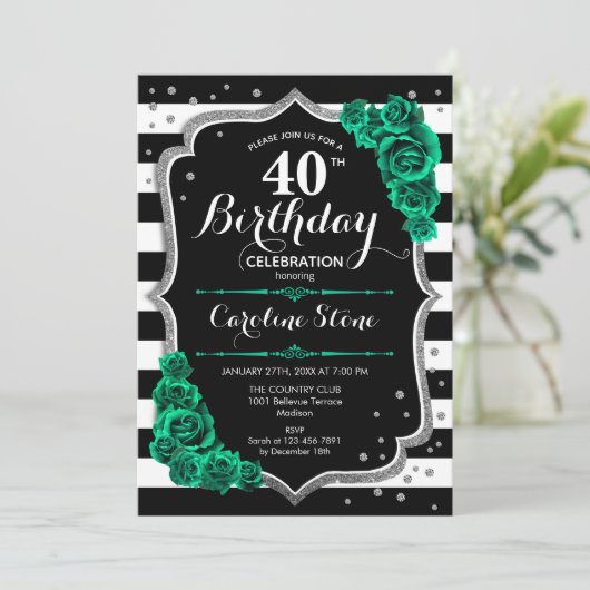 Groen Zilver Zwart & Wit Strepen 40e Verjaardag Kaart (Staand voorkant)
