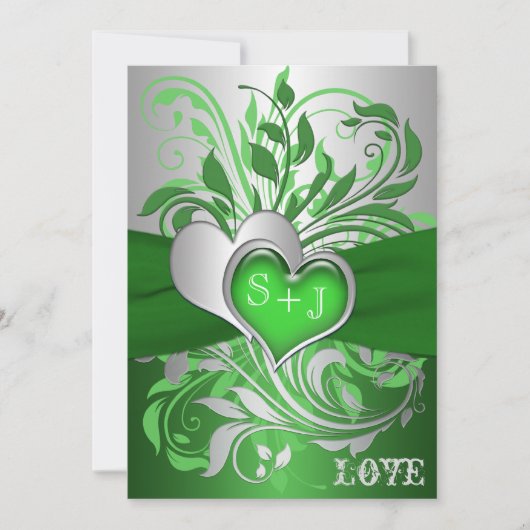 Groen, Zilveren Scroll, Hearts Wedding Uitnodiging (Voorkant)