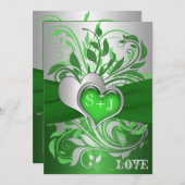 Groen, Zilveren Scroll, Hearts Wedding Uitnodiging (Voorkant / Achterkant)