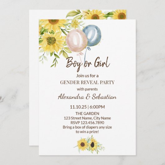 Groen Zonnebloem Geslacht Onthulling Uitnodiging (Voorkant / Achterkant)