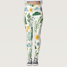 Groen Zonnig Geel Hemel Blauw Naadloos Patroon Leggings