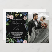 Groen Zwart Bloemen Bruiloft Uitnodigingen met fot (Voorkant / Achterkant)