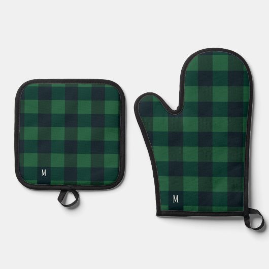 Groen & Zwart Checkerboard Buffel Plaid Monogram Ovenwant & Pannenlap Set (Voorkant)