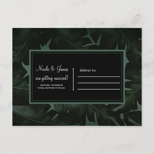 Groen & Zwart Chic Tropische Bladeren Save the Dat Aankondigingskaart (Achterkant)