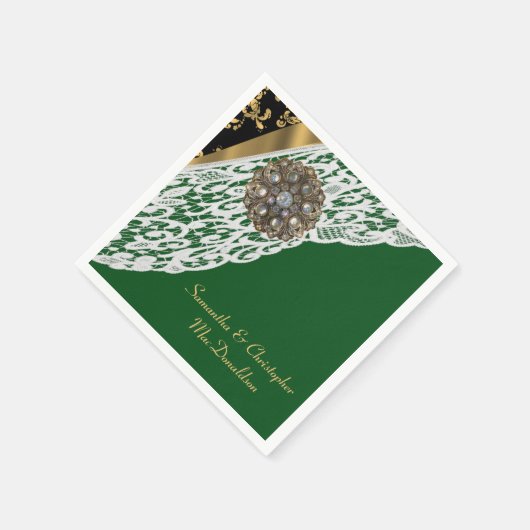 Groen zwart en goud wit kant bruiloft servet (Hoek)