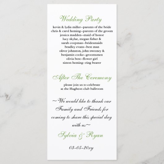 groen, zwart en wit Bruiloftsprogramma Programma (Achterkant)