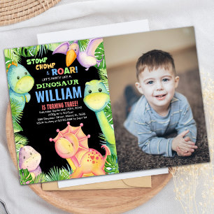 Groen Zwart Foto Dinosaurus Verjaardag Uitnodiging