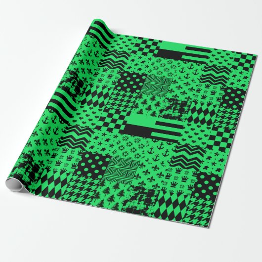 Groen Zwart Gemengde Patchwork Ontwerp Patchwork Cadeaupapier (Uitgerold)