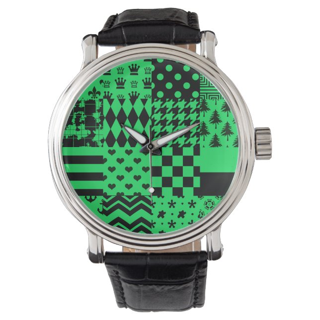 Groen Zwart Gemengde Patchwork Ontwerp Patchwork Horloge (Voorkant)