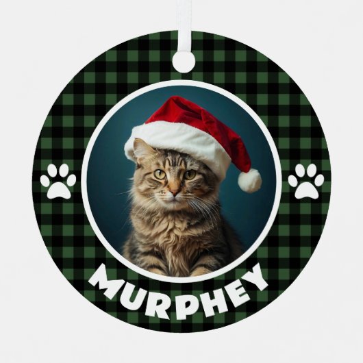 Groen & Zwart Plaid Kerstmis Custom Pet Metalen Ornament (Voorkant)