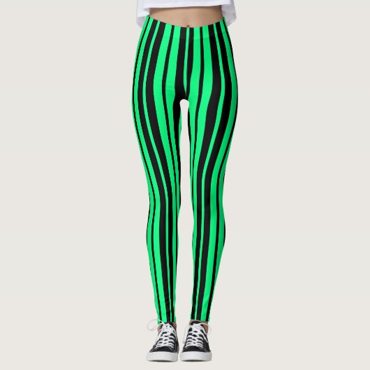 Groen Zwart Verticaal Streepjespatroonontwerp Leggings (Voorkant)