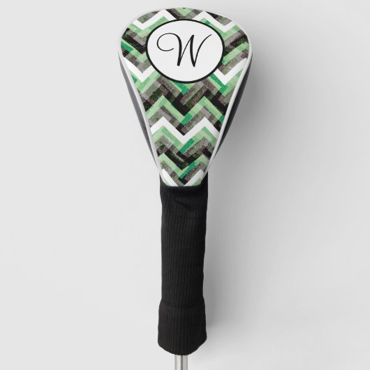 Groen Zwart Wit Chevron Textuur Monogram Golfheadcover (Voorkant)