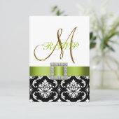 Groen Zwart Witte Damast Initial Trouw RSVP Kaart (Staand voorkant)