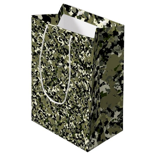 Groen Zwarte Crème Camouflagepatroon Feestje Medium Cadeauzakje (Voorkant Gekanteld)
