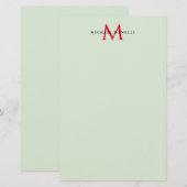 Groenachtig grijs & rood monogram modern minimalis briefpapier (Voorkant / Achterkant)