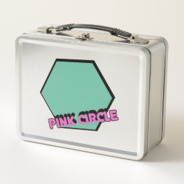  groenachtige zeshoek met roze cirkeltekst