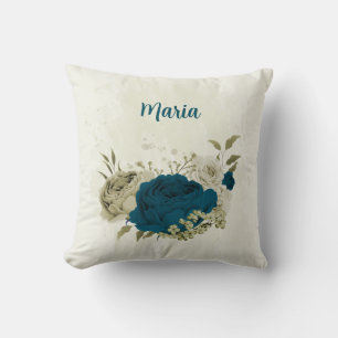 groenblauw beige bloemmotief kussen