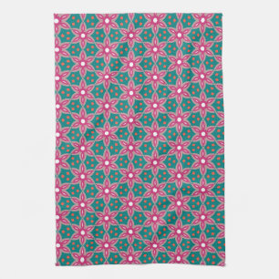 Groenblauw + Donkerroze geometrisch bloemenPatroon Theedoek