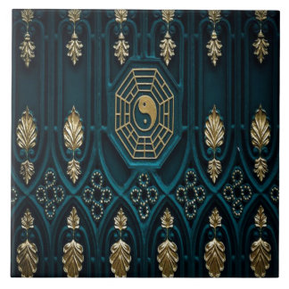Groenblauw en Goud Aziatisch Abstract Tegeltje